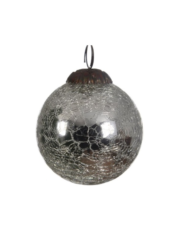 Christmas Tree Glass Bauble Silver With Crackled Effect diam 8cm