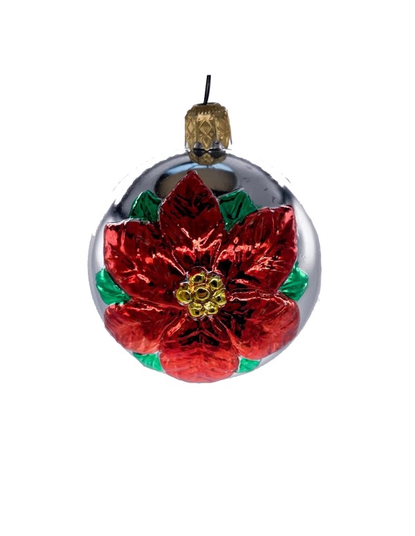 Christmas Tree Plastic Bauble Silver With Poinsettia diam 8cm
