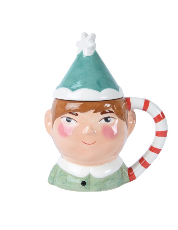 Tazza Natalizia In Ceramica Verde Elfo Babbo Natale Sagomato Con Coperchio