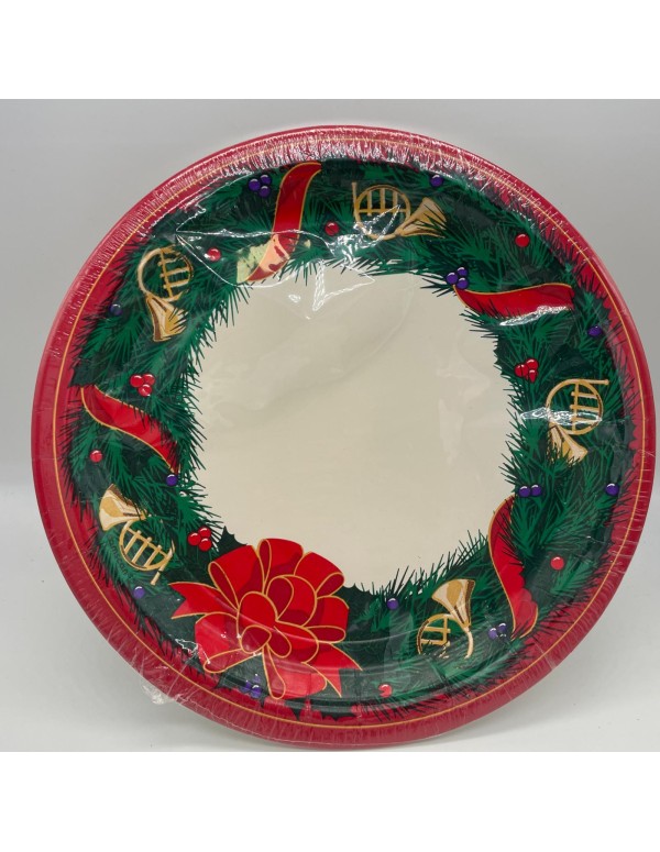 Piatti Di Carta Natalizi Con Ghirlanda Fiocco E Trombe 23CM 8PZ
