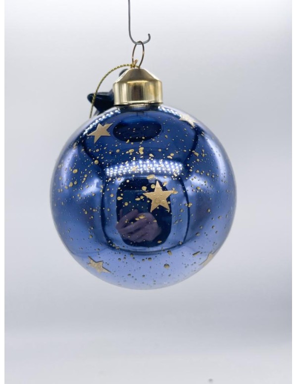 Pallina Albero Di Natale In Vetro Blu Con Stelle Oro In Rilievo 8cm