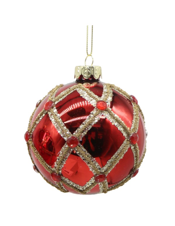 Red Glass Christmas Tree Bauble With Gold Finishes dm.8cm