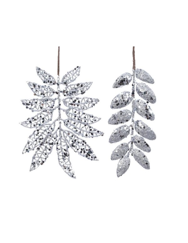 Christmas Tree Decoration Silver Glittered Branch With Leaves