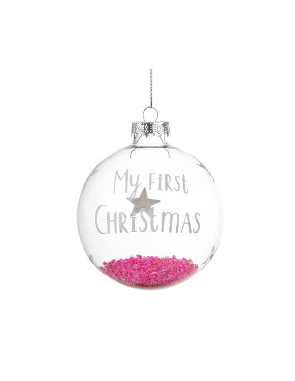 Christmas Tree Transparent Glass Bauble My First Christmas With Pink Beads diam 8cm