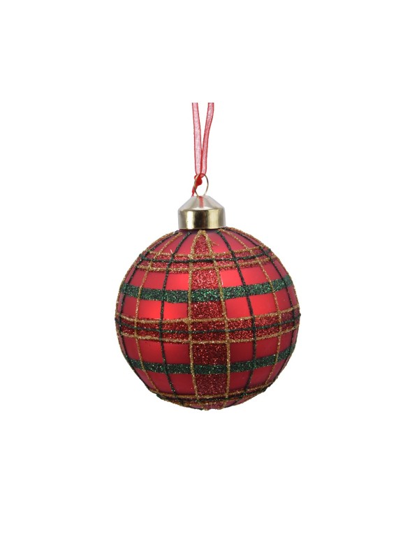 Christmas Tree Glass Bauble Checkered Red And Green With Glitter diam 8cm
