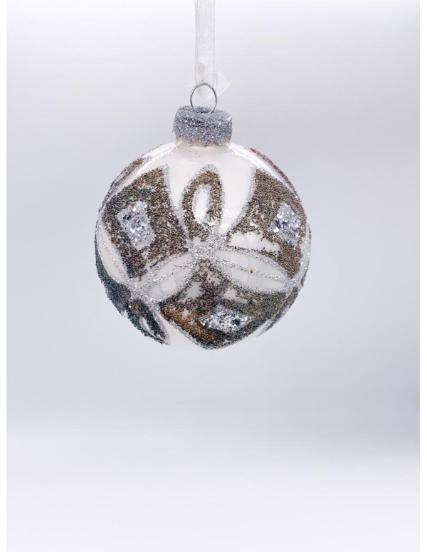 Pallina Albero Di Natale In Vetro Argento Con Decorazione Glitter 8cm