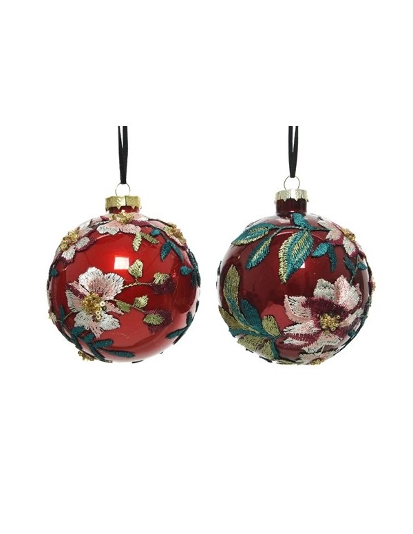 Christmas Tree Decoration Light / Dark Red Glass Ball With Flowers Assorted Product