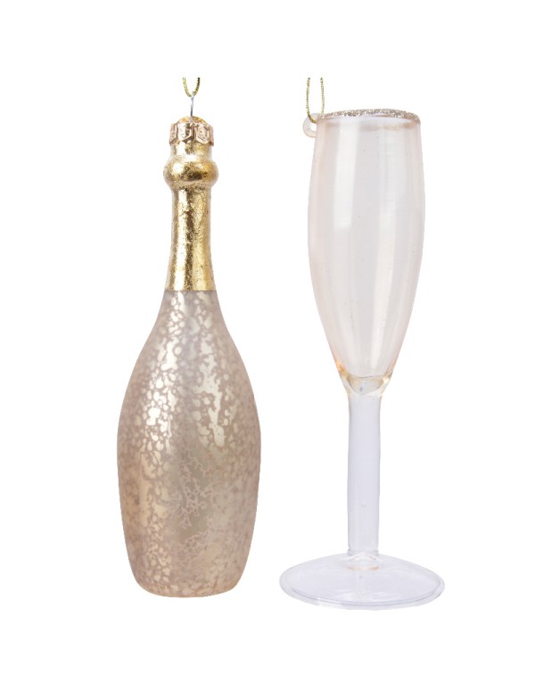 Addobbo Albero Di Natale In Vetro Calice Bottiglia Champagne Rosa Gold 13cm Assor
