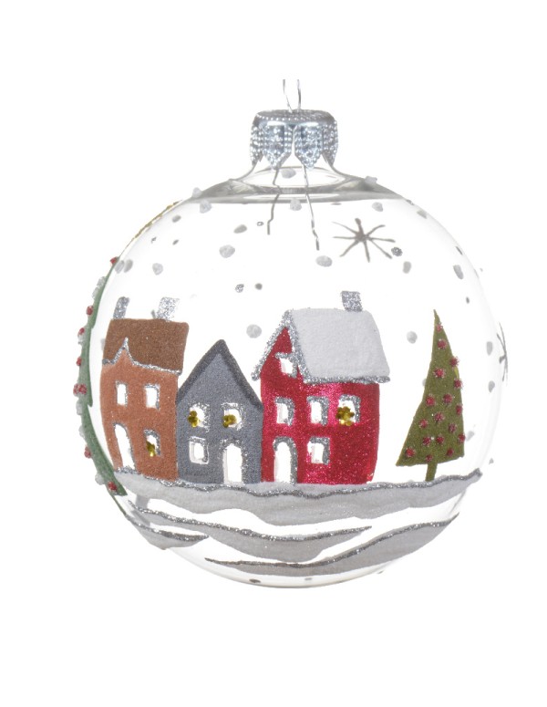 Pallina Albero Di Natale In Vetro Trasparente Città Innevata 8cm