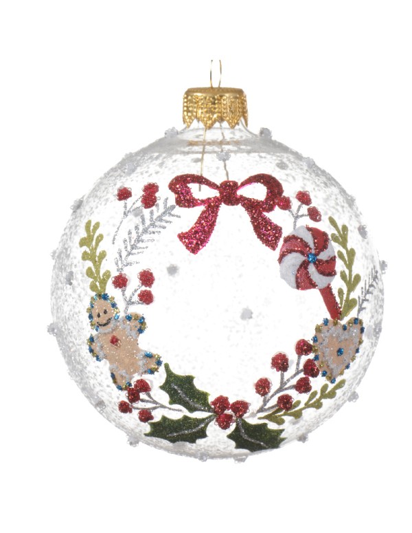 Pallina Albero Di Natale In Vetro Trasparente Con Ghiralnda E Dcorazioni 8cm
