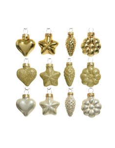 Addobbo Albero Di Natale In Vetro Figure Assortite Bianco e Oro 12 Pz