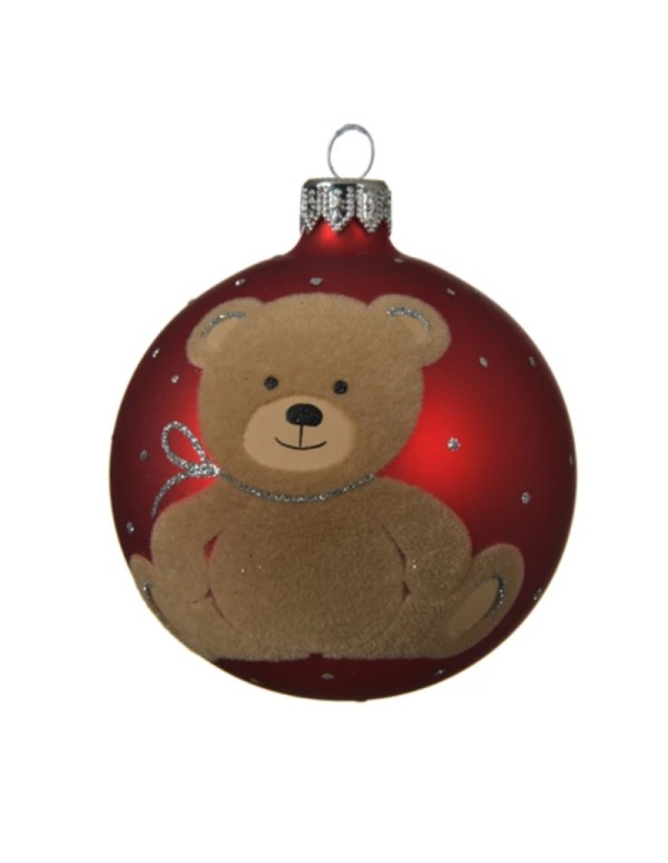 Pallina Albero Di Natale In Vetro Rossa Con Orsetto In Velluto 8cm