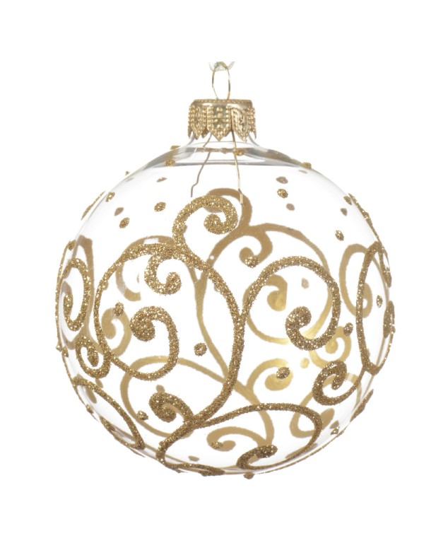 Pallina Albero Di Natale In Vetro Trasparente Con Decorazione Oro 8cm