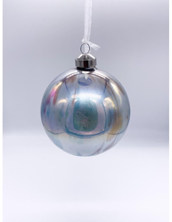 Pallina Albero Di Natale In Vetro Argento Iridescente 10cm