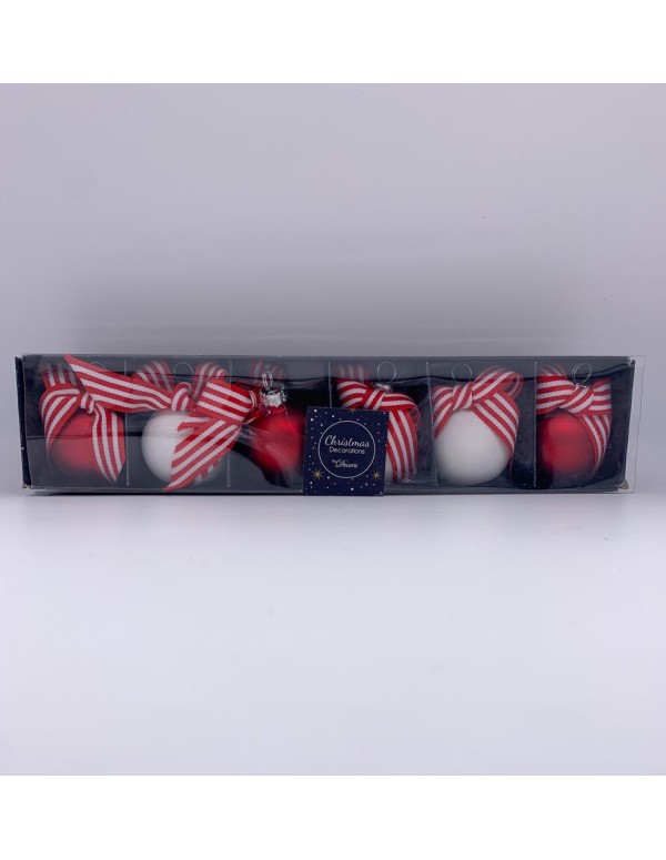 Palline Albero Di Natale In Vetro Rosso E Bianco Con Fiocco 4CM 6PZ
