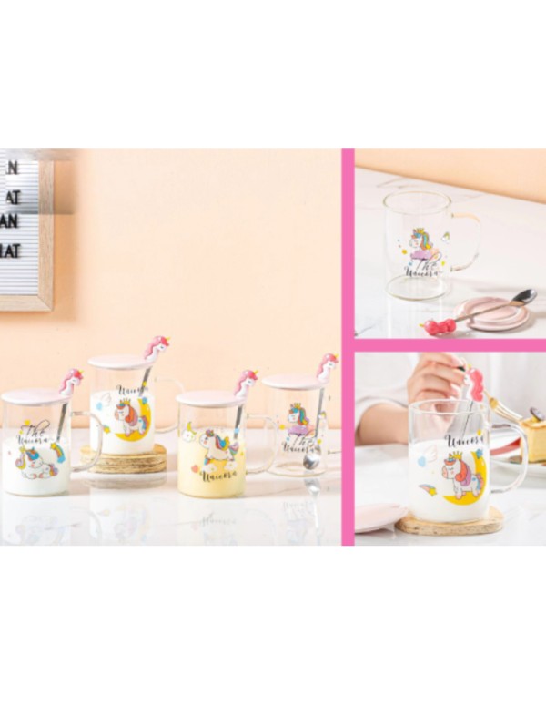 Tazza In Vetro Unicorno Con Coperchio E Cucchiaio Colori Assortiti