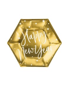Piatti Di Carta  20cm Happy New Year Oro A Specchio Con Motivo Bianco Stelle E Scritta 6Pz.