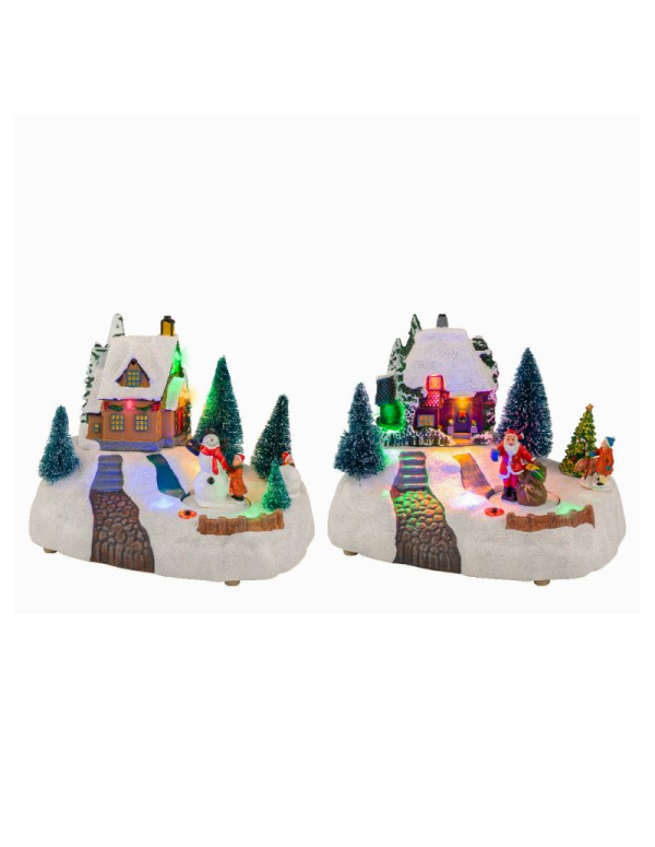 Carillon Scenario Natalizio Casa Innevata Babbo Natale O Pupazzo Di Neve Assortito 20cm