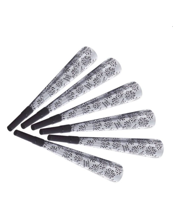 Trombe Sonore Feliz Año Nuevo Argento 25cm Confezione 6pz.