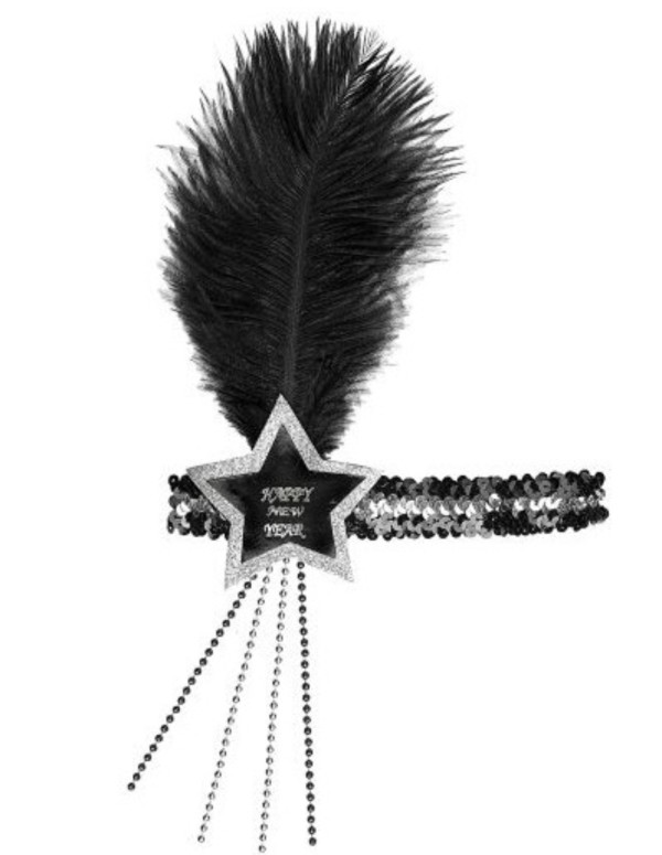 Sequined Head Band With Black-Silver Happy New Year Star And Feather