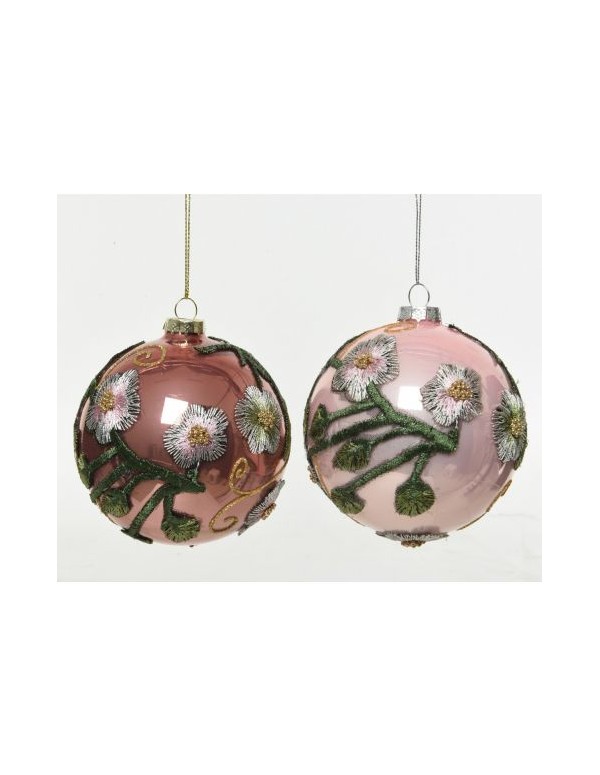 Pallina Albero Di Natale In Vetro Rosa Con Fiori Ricamati 10cm