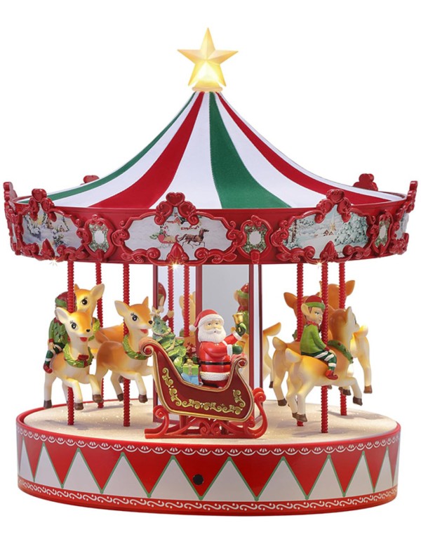 Carillon Villaggio Di Natale Carosello Renne E Slitta Babbo Natale 33cm