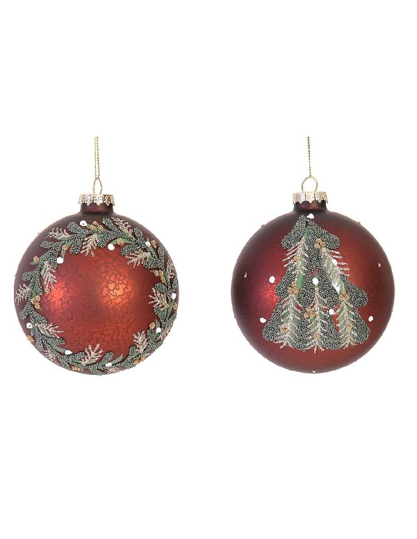 Pallina Albero Di Natale In Vetro Marrone Con Albero/Ghirlanda 10cm Prodotto Assortito