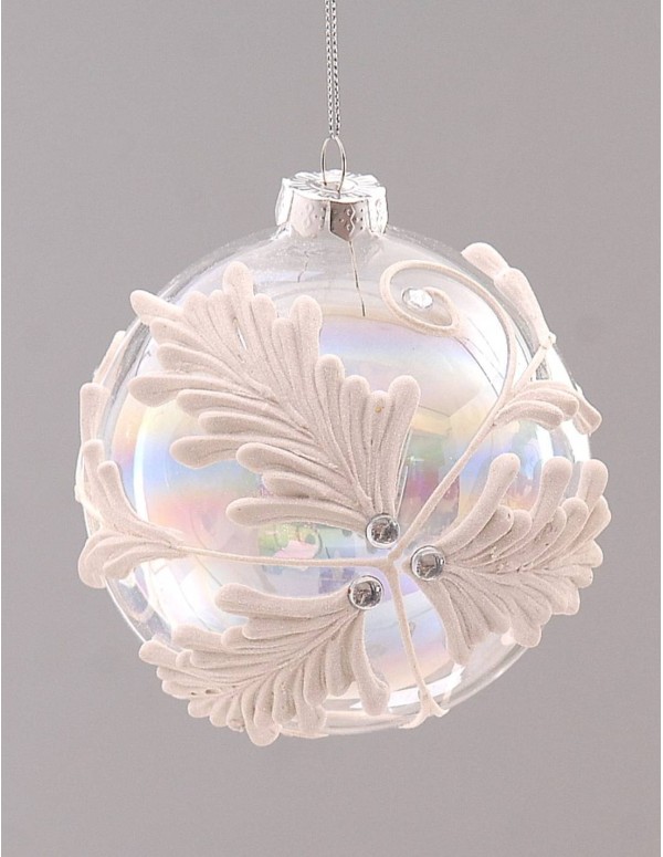 Pallina Albero Di Natale In Vetro Trasparente Con Fiori Bianchi 12cm
