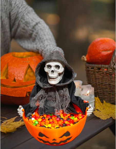 Decorazione Zucca Scheletro Per Caramelle Con Suono E Movimento Halloween
