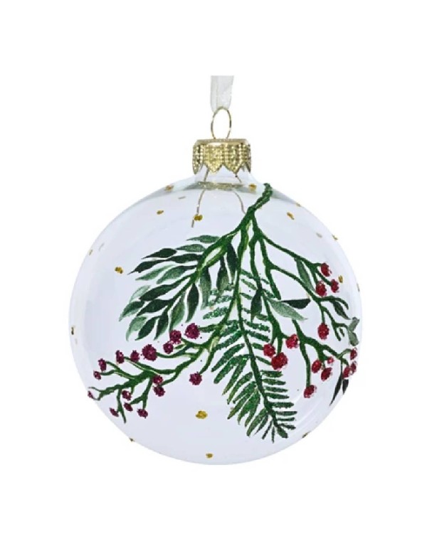 Pallina Albero Di Natale In Vetro Trasparente Ramo Con Bacche d8cm
