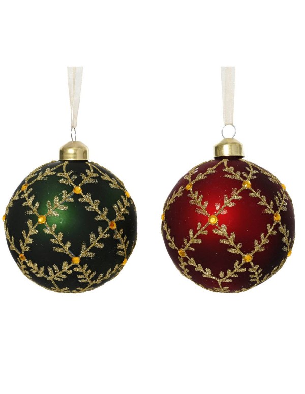 Pallina Albero Di Natale In Vetro Con Gemme E Foglie d8cm Prodotto Assortito