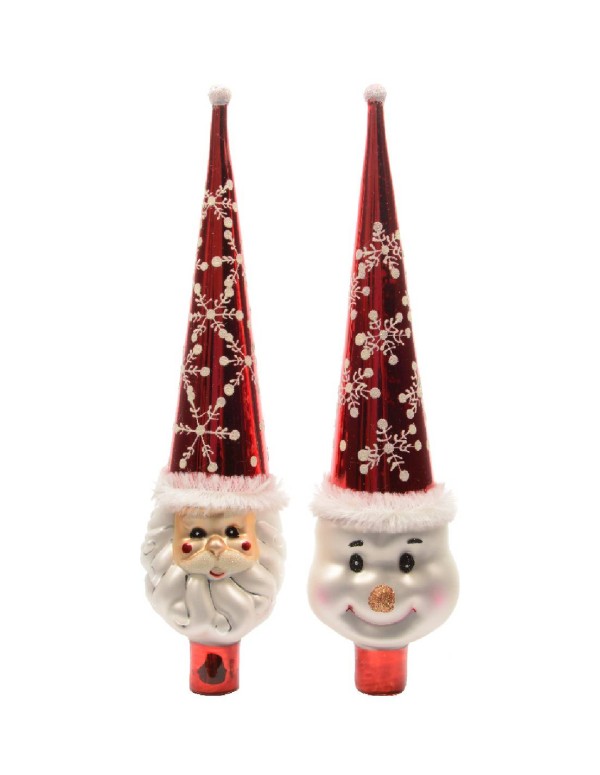 Puntale Albero Di Natale In Vetro Cappello Rosso Con Personaggi Natalizi Assortiti 30cm