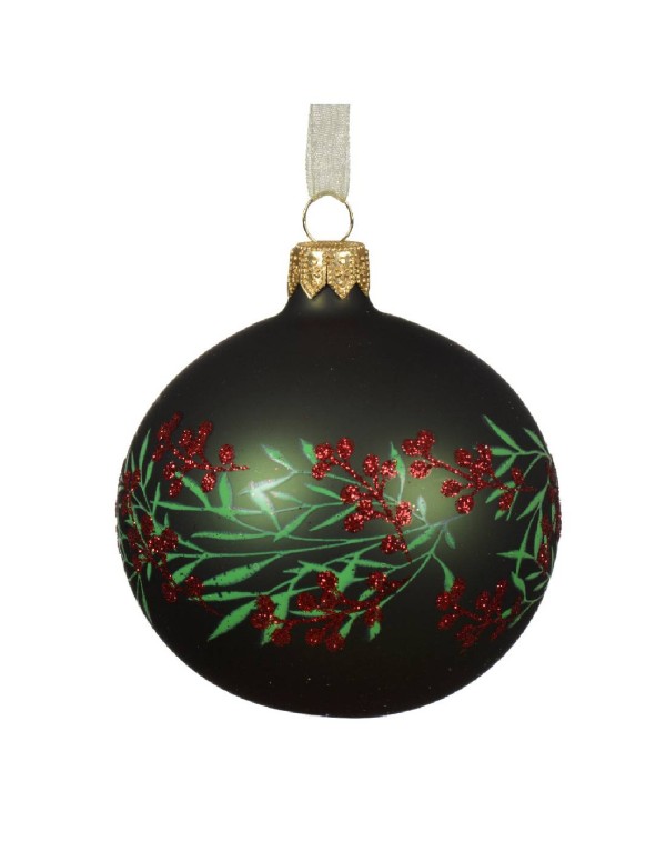 Pallina Albero Di Natale In Vetro Verde Opaca Con Rami E Bacche 8cm