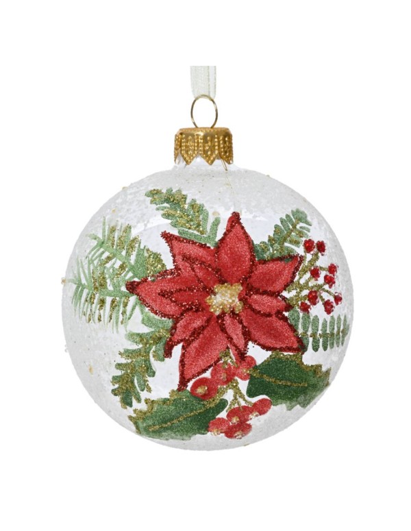 Pallina Di Natale In Vetro Trasparente Con Fiore E Rami 8cm