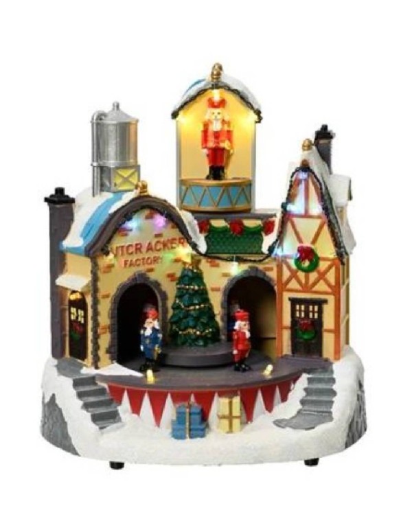 Carillon Di Natale Scenario Festivo LED Fabbrica Di Schiaccianoci h22,5cm