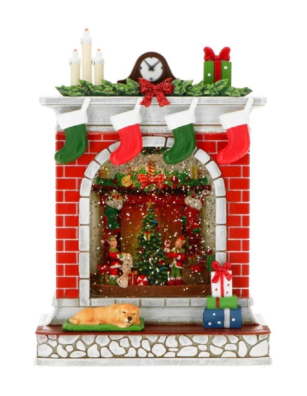 Carillon Di Natale Camino Rosso Animato LED 25cm