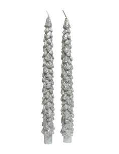 Candela Natalizia Argento Con Glitter Albero Di Natale Per Candelabro 25cm 2Pz