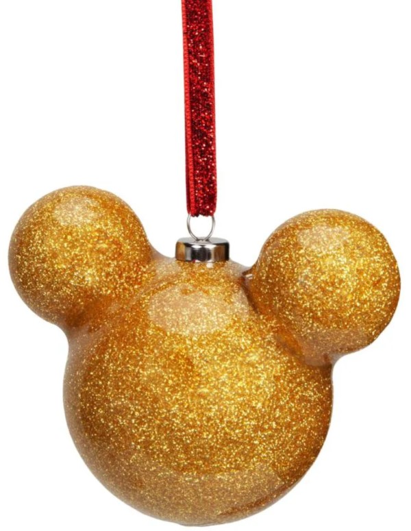 Pallina Albero Di Natale Disney Topolino Mickey Mouse In Vetro Oro Con Glitter 6cm