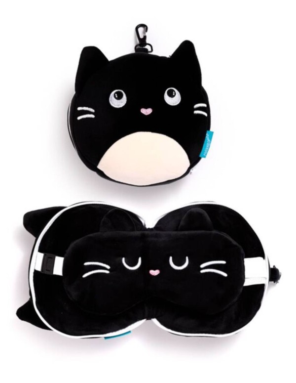 Feline Fine Black Cat Travel Pillow With Eye Mask