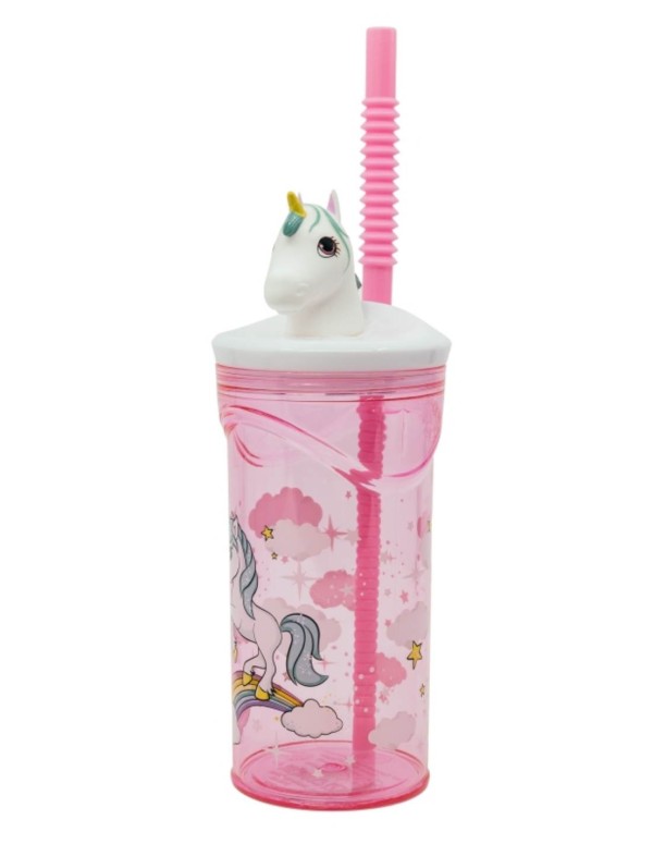 Bicchiere Borraccia Con Cannuccia Unicorno 3D 360ml