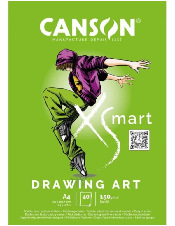 Blocco Carta Canson Per Disegno Due Lati A4 XSmart Drawing Art Grana Ruvida 150gr 40 Fogli