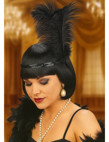 Black Sequin Headband With Feathers
