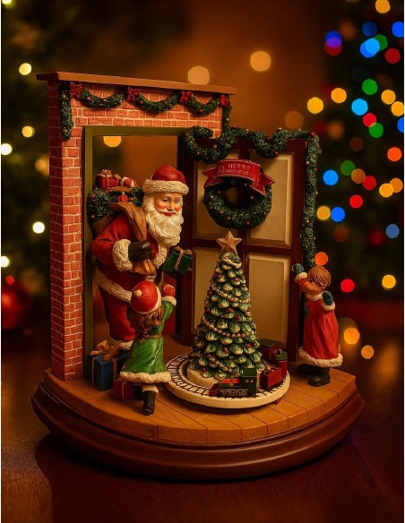 Christmas Music Box Santa at the Door with Children and Tree 22cm
