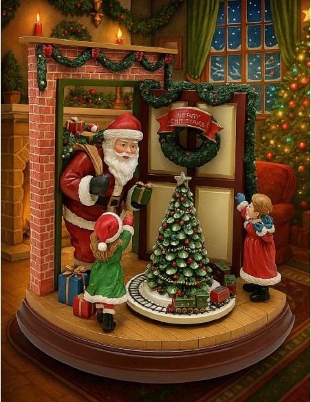 Christmas Music Box Santa at the Door with Children and Tree 22cm