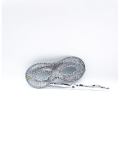Eyemask Glitter Silver With Rod Carnival Masks