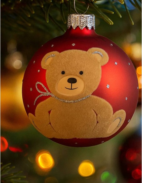 Pallina Albero Di Natale In Vetro Rossa Con Orsetto Teddy In Velluto 8cm