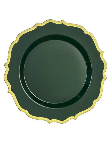 Set 10pz Piatti In Plastica Verdi Stilizzati Bordo Dorato 26cm