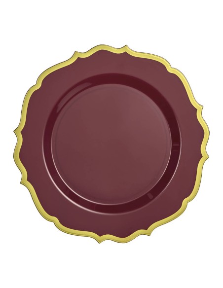 Set of 10 Burgundy Plastic Plates with Gold Rim 26cm