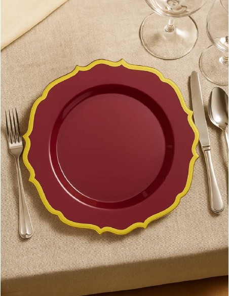 Set of 10 Burgundy Plastic Plates with Gold Rim 26cm