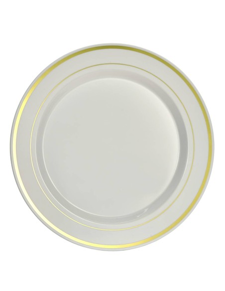 Set of 10 White Plastic Plates with Gold Rim 26cm
